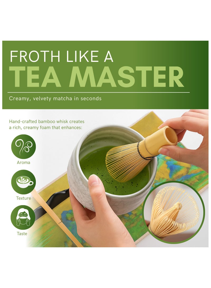 Nexso Traditional Matcha Set - 7-Piece Premium Japanese Ceremony Kit with Bamboo Matcha Whisk set, Whisk Holder, Matcha Scoop, Matcha Bowl, Sifter, Tea Towel & Spoon for an Authentic Matcha Experience - Image 4