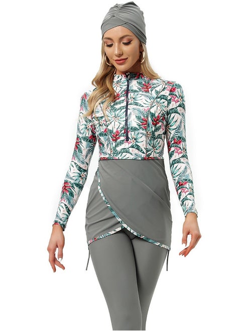 3-Piece Women Print Conservative Swimsuit Set Muslim Sun Protection Swimwear Swimming Trousers Ladies Beachwear Skirt Bikini Arab Dress