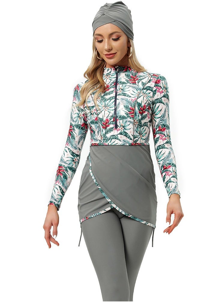 NIBEMINENT - 3-Piece Women Print Conservative Swimsuit Set Muslim Sun Protection Swimwear Swimming Trousers Ladies Beachwear Skirt Bikini Arab Dress - Image 1