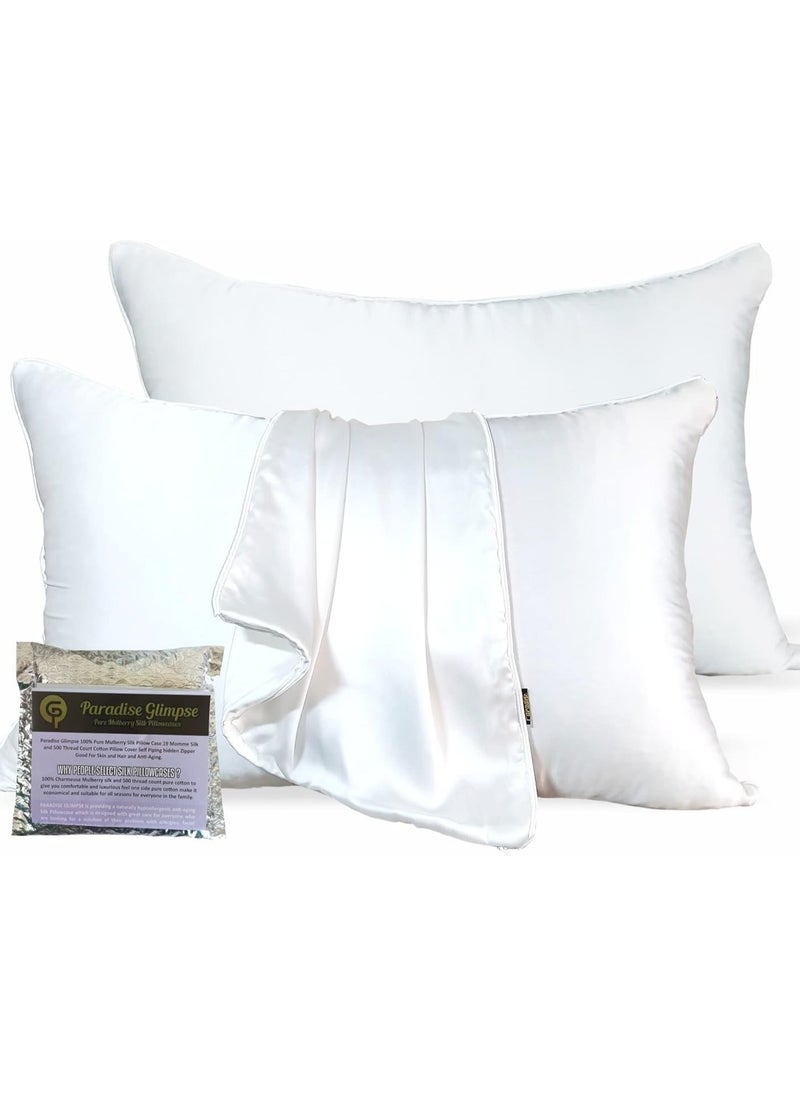 PARADISE GLIMPSE PARADISE GLIMPSE 100% Pure Mulberry Silk Pillowcase 19 momme other side Cotton Pillowcover Self Piping Hidden Zipper Good For Skin and Hair Anti Aging 1 Pillowcase (White, Silk + Cotton) 