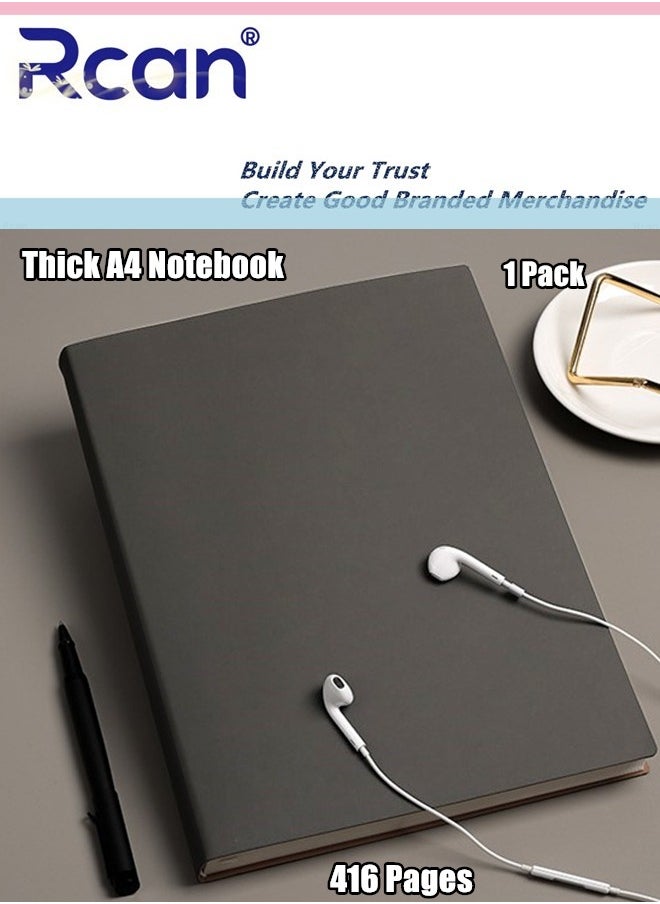 Rcan - A4 Notebook Thickened 416 Pages Pu Leather Soft Cover Large Ultra Thick Diary Horizontal Line Retro Solid Color Notepad Meeting Record Book Suitable for Business Office School Student Family Writing - Image 1