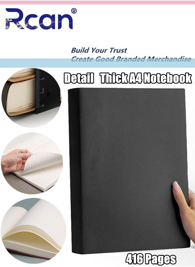 Rcan - A4 Notebook Thickened 416 Pages Pu Leather Soft Cover Large Ultra Thick Diary Horizontal Line Retro Solid Color Notepad Meeting Record Book Suitable for Business Office School Student Family Writing - Image 1