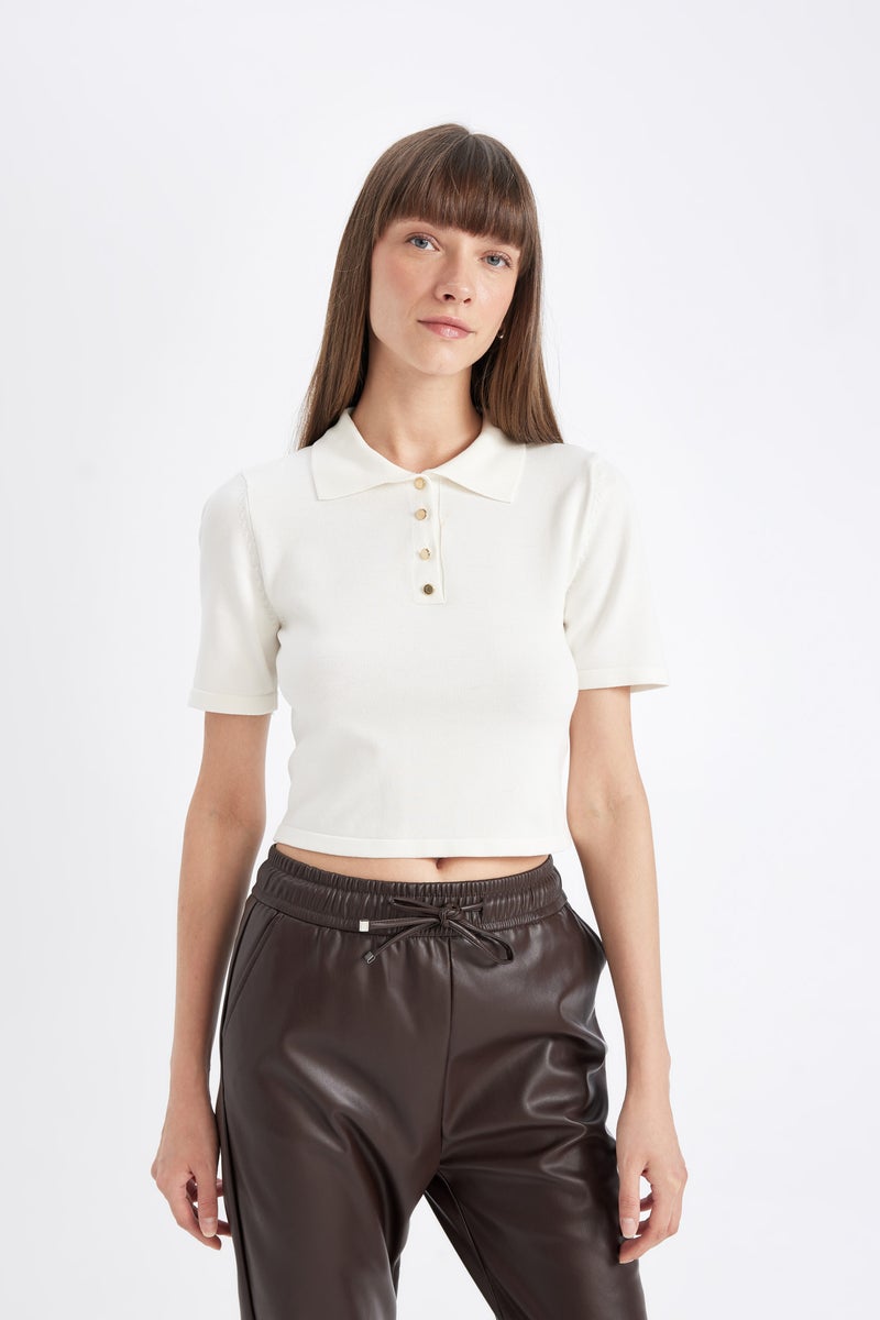 DeFacto Woman Fitted Polo Neck Short Sleeve Knit T-Shirt - Image 4