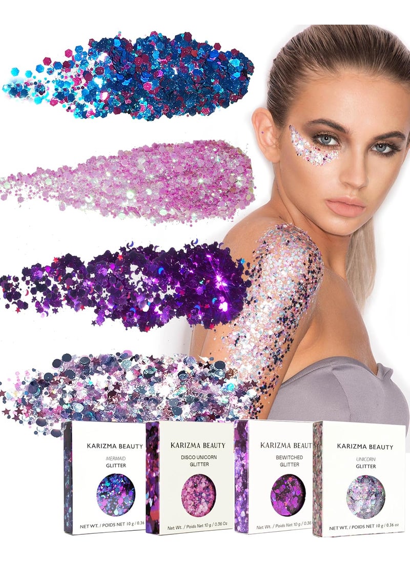 KARIZMA - KARIZMA Enchanted Glitter Pack! 4x 10g Chunky Face Glitter, Hair Glitter, Eye Glitter and Body Glitter for Women and Men. Rave Glitter, Festival Accessories and Cosmetic Glitter Makeup. - Image 1