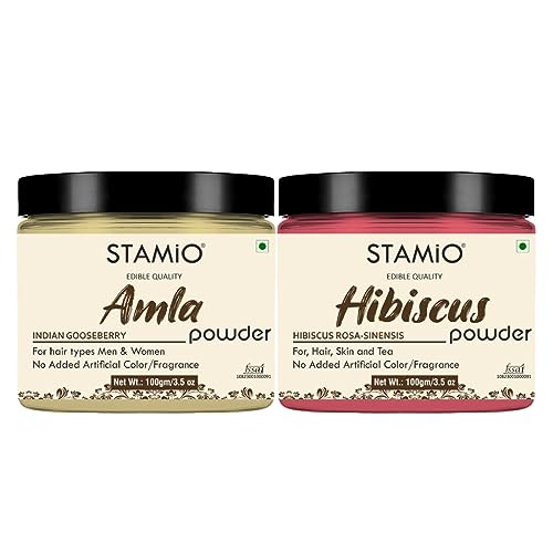 STAMIO Hair Care 2 Products Combo 200 gm - Amla and Hibiscus Powder for Mask, Pack, Anti-Dandruff, Shine | Natural Powders Kit | In Jar (100gm X 2) - Image 1