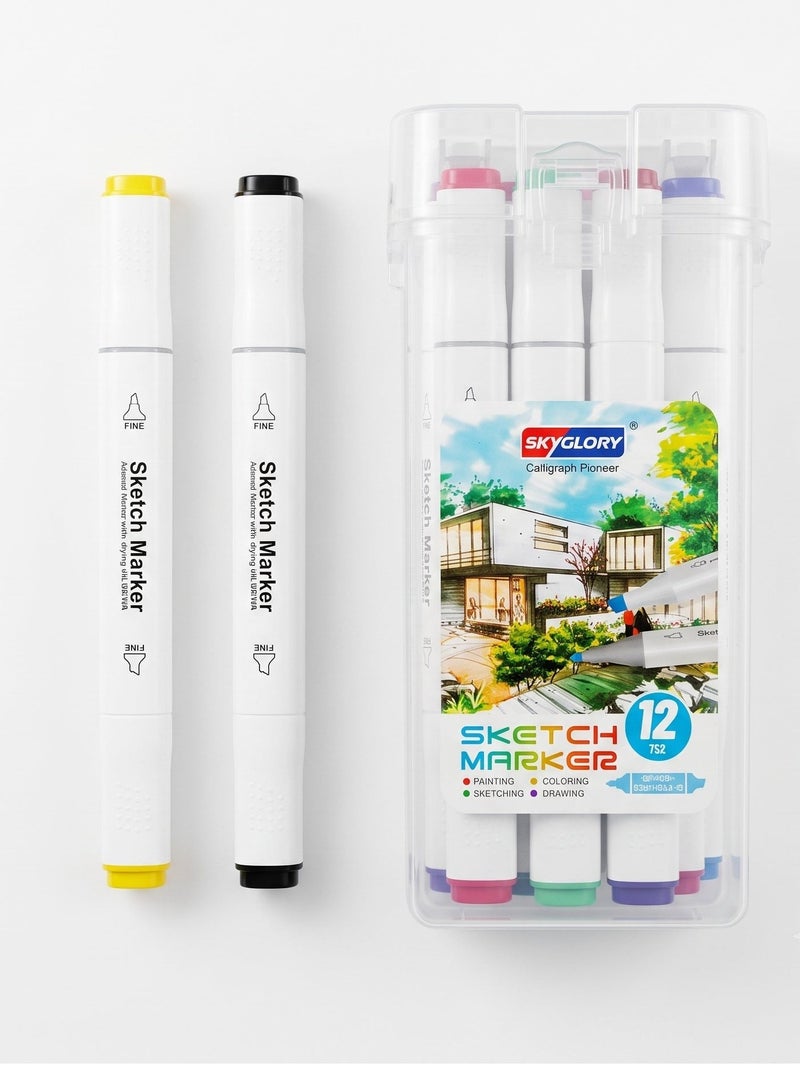 Sky Glory SKYGLORY Calligraph Pioneer Dual Tip Sketch Marker Set With Clear Storage Case Multicolour 12 Pieces HA-843 - Image 1