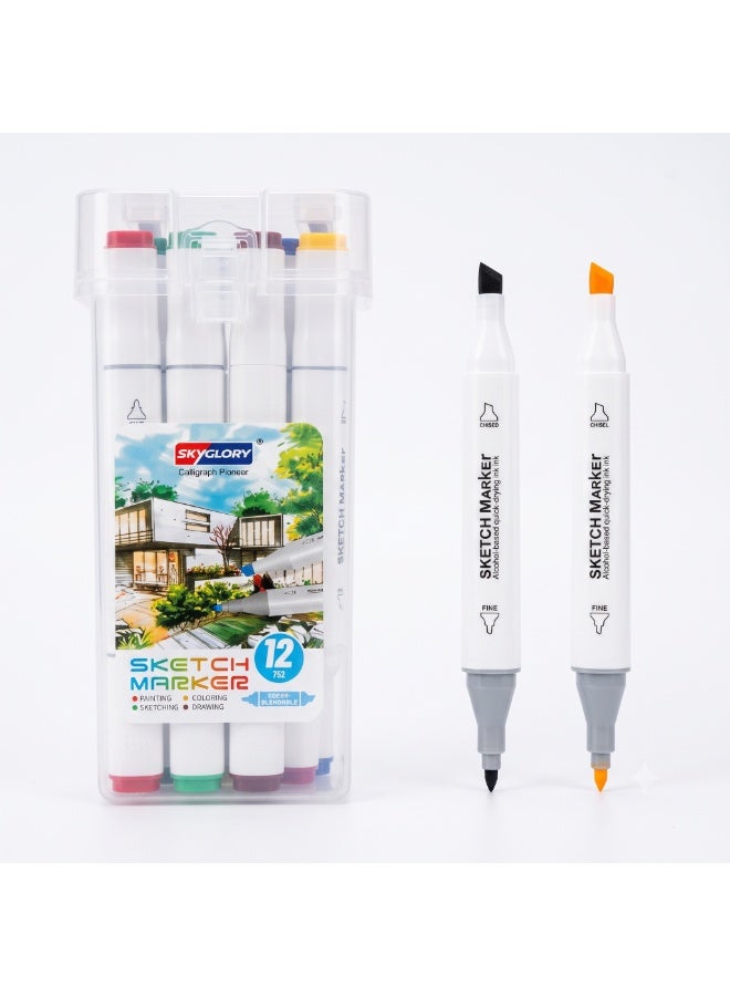 Sky Glory SKYGLORY Calligraph Pioneer Dual Tip Sketch Marker Set With Clear Storage Case Multicolour 12 Pieces HA-843 - Image 5