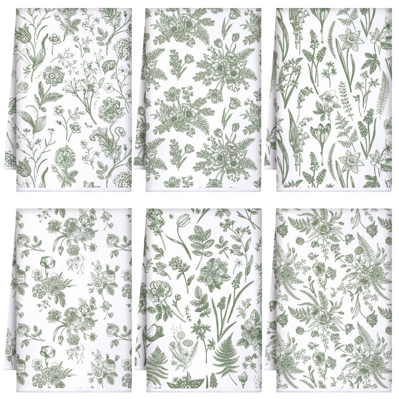 Boyiee 6 Sets Sage Green Kitchen Towels Set Vintage Floral Dish Tea Towels Absorbent Wildflower Dishtowels 24"x16" Forest Hand Wash Cloth for Farmhouse Kitchen Bathroom Housewarming Gift - Image 1