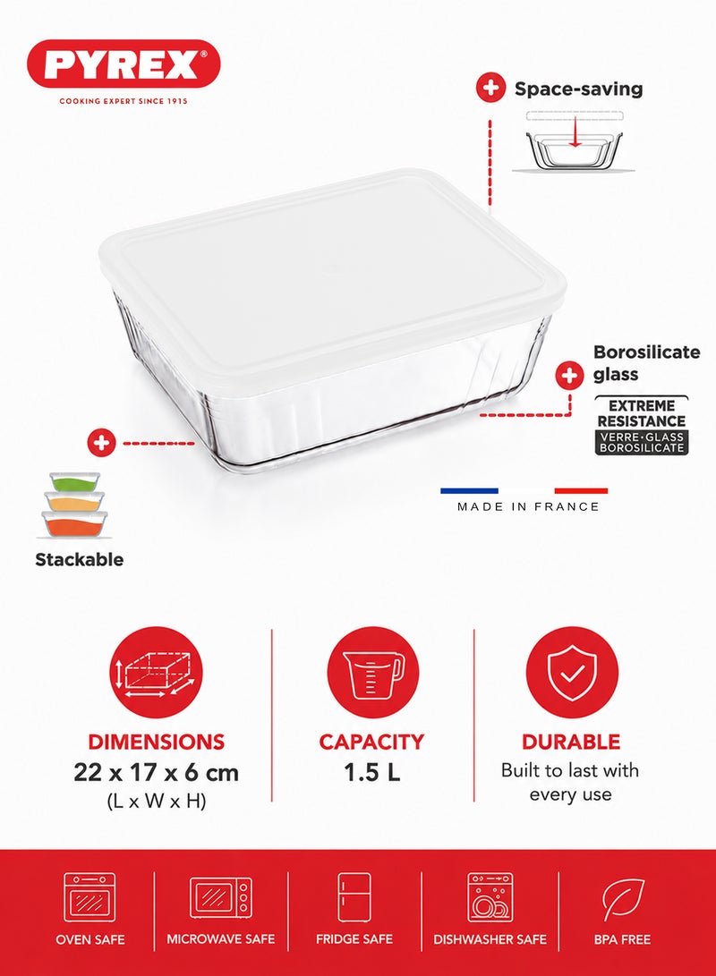 Pyrex Cook & Freeze Clear Glass Rectangular Bowl with Plastic Lid - 1.5 Liter - Image 2