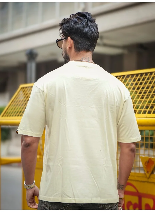 Maniac Maniac Mens Embroidery Round Neck Half Sleeve Cream and Green Cotton T-Shirt
