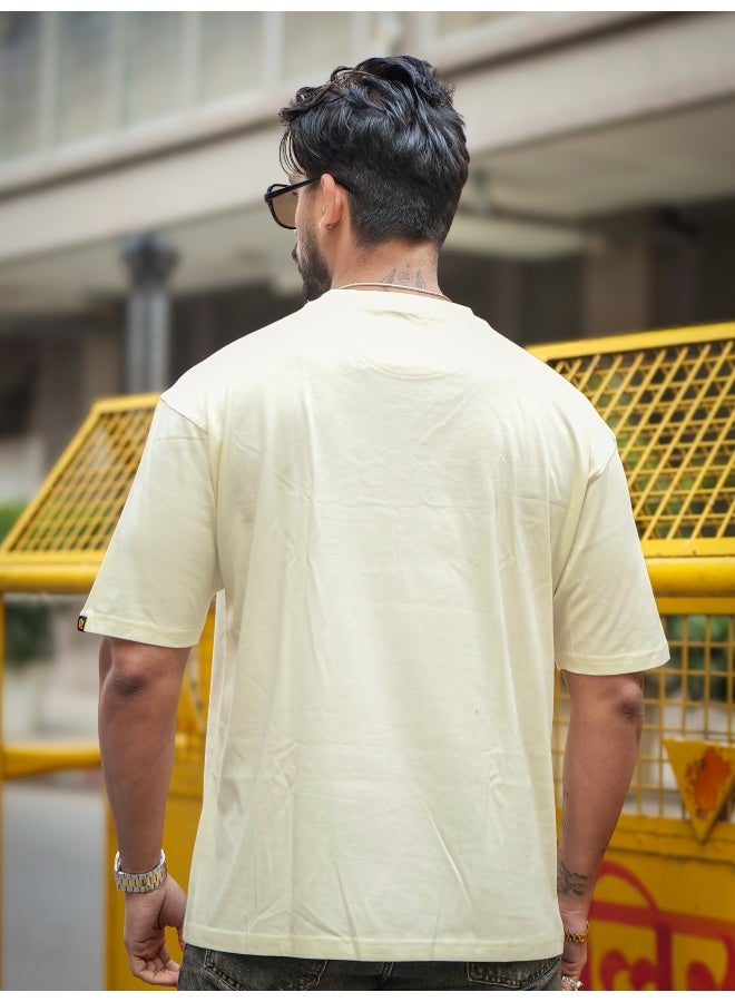 Maniac Maniac Mens Embroidery Round Neck Half Sleeve Cream and Green Cotton T-Shirt  - Image 4