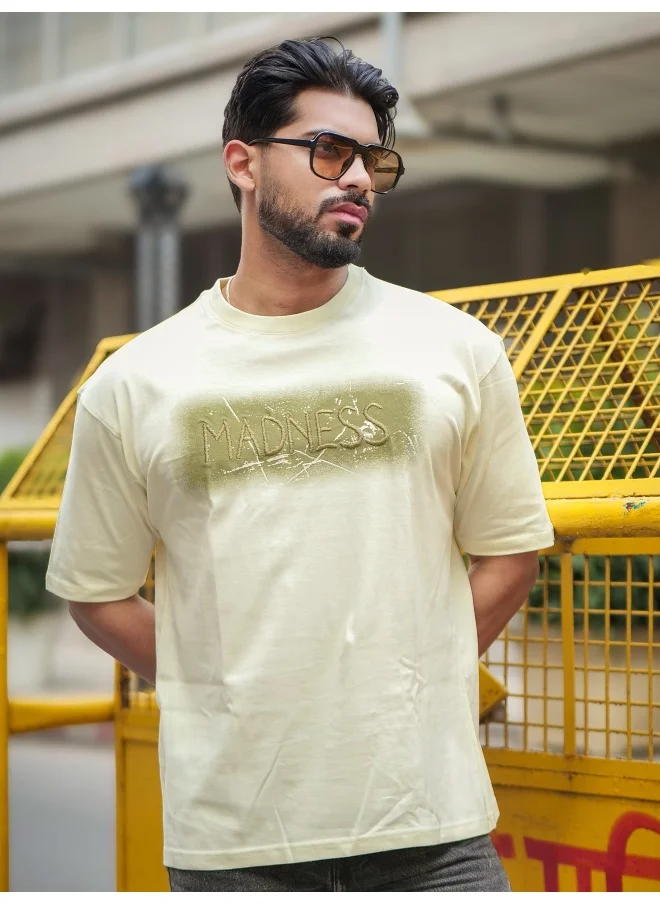 مانياك Maniac Mens Embroidery Round Neck Half Sleeve Cream and Green Cotton T-Shirt