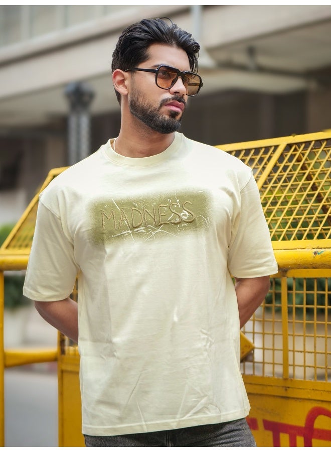 Maniac Maniac Mens Embroidery Round Neck Half Sleeve Cream and Green Cotton T-Shirt  - Image 1