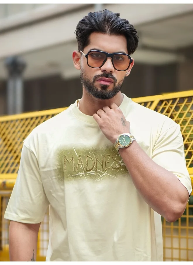 مانياك Maniac Mens Embroidery Round Neck Half Sleeve Cream and Green Cotton T-Shirt