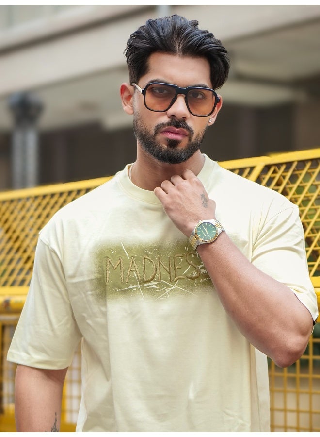 Maniac Maniac Mens Embroidery Round Neck Half Sleeve Cream and Green Cotton T-Shirt  - Image 2