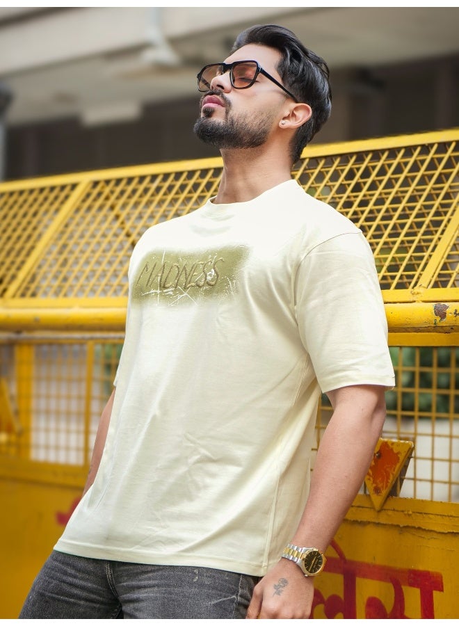 Maniac Maniac Mens Embroidery Round Neck Half Sleeve Cream and Green Cotton T-Shirt  - Image 3