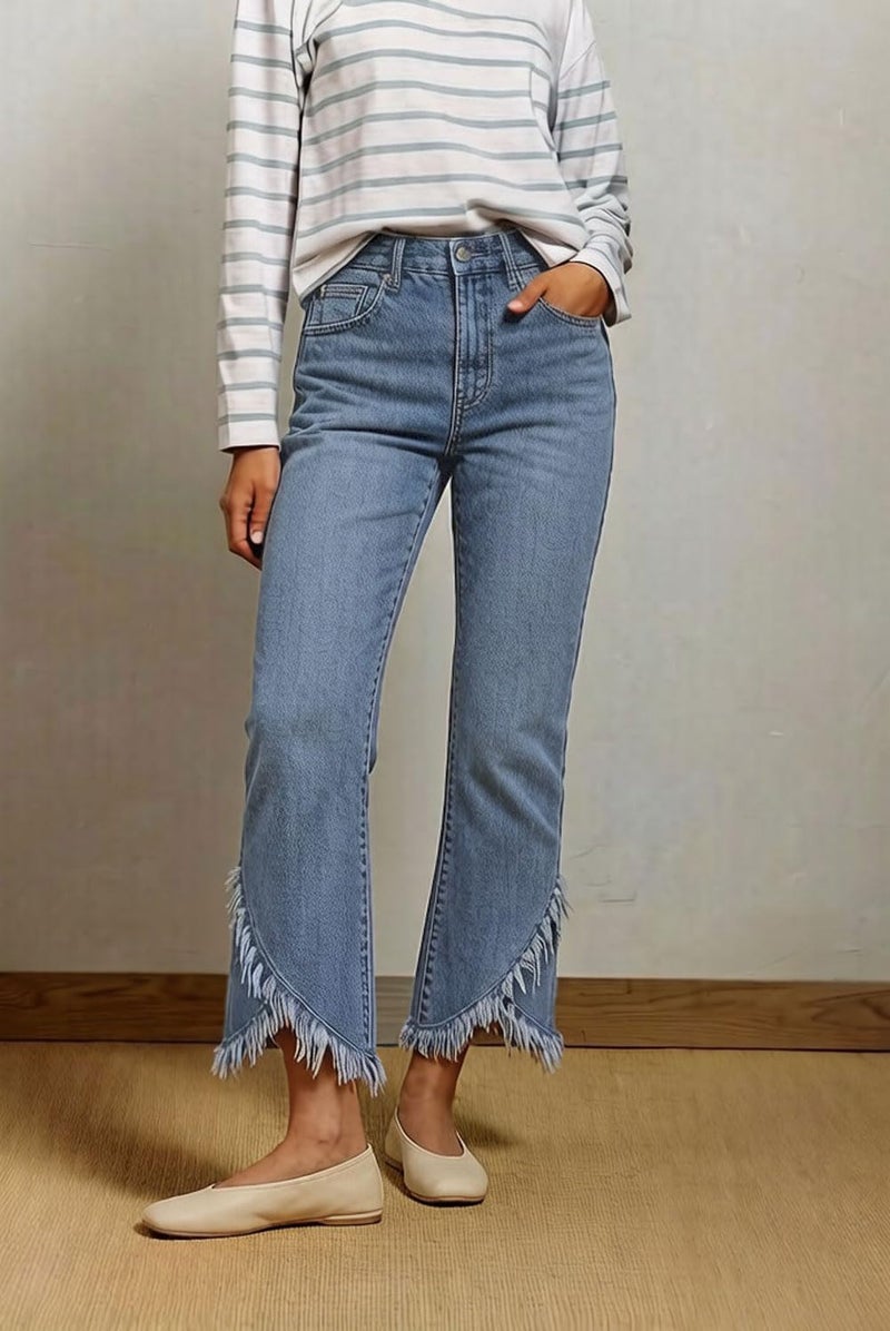 CHARTOU Women Cute Stretch Denim Jeans Ripped Distressed Frayed Hem Denim Pants Tassel Fringe Cropped Jeans (Small,Blue) - Image 2