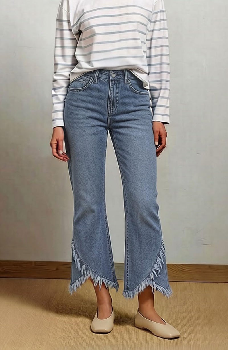 CHARTOU Women Cute Stretch Denim Jeans Ripped Distressed Frayed Hem Denim Pants Tassel Fringe Cropped Jeans (Small,Blue) - Image 3