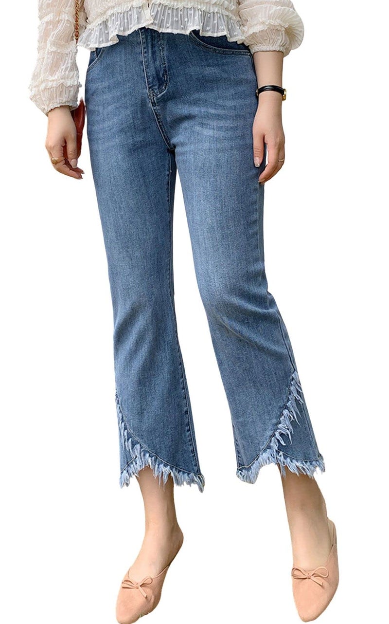 CHARTOU Women Cute Stretch Denim Jeans Ripped Distressed Frayed Hem Denim Pants Tassel Fringe Cropped Jeans (Small,Blue) - Image 1