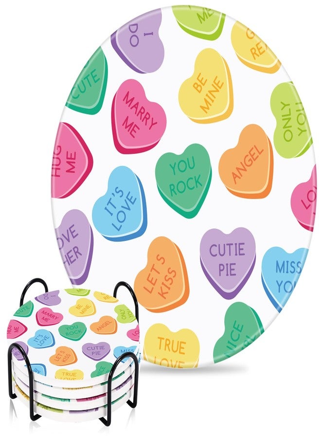 Whaline 4Pcs Valentine's Day Absorbent Ceramic Coasters with Holder Colorful Conversation Heart Cup Mats Round Quick Drying Coaster with Cork Base for Home Kitchen Drink Supplies, 4 in - Image 1