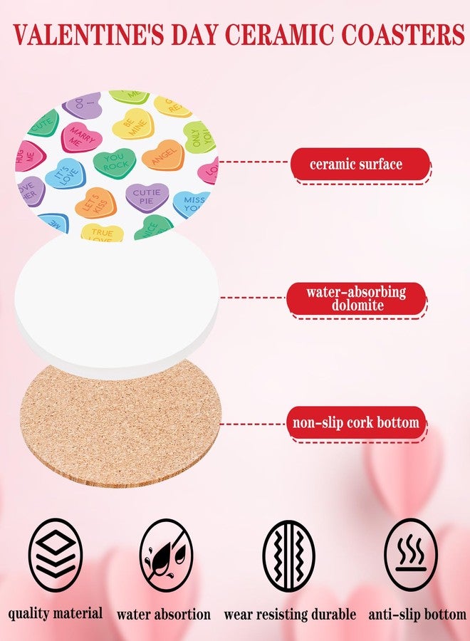 Whaline 4Pcs Valentine's Day Absorbent Ceramic Coasters with Holder Colorful Conversation Heart Cup Mats Round Quick Drying Coaster with Cork Base for Home Kitchen Drink Supplies, 4 in - Image 3