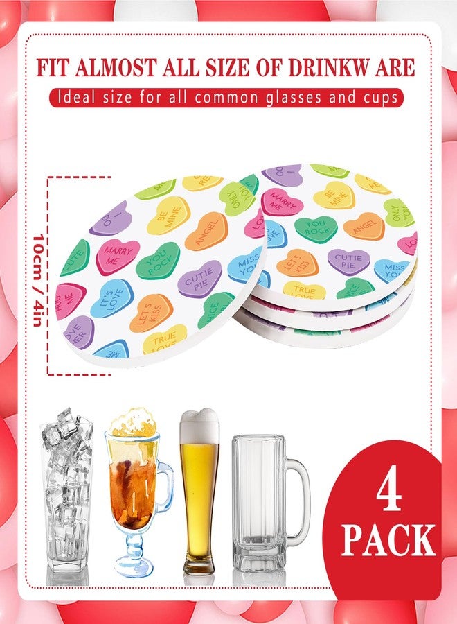 Whaline 4Pcs Valentine's Day Absorbent Ceramic Coasters with Holder Colorful Conversation Heart Cup Mats Round Quick Drying Coaster with Cork Base for Home Kitchen Drink Supplies, 4 in - Image 2