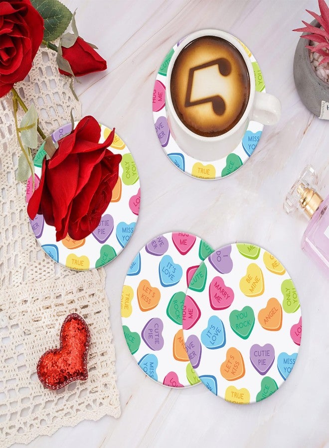 Whaline 4Pcs Valentine's Day Absorbent Ceramic Coasters with Holder Colorful Conversation Heart Cup Mats Round Quick Drying Coaster with Cork Base for Home Kitchen Drink Supplies, 4 in - Image 4
