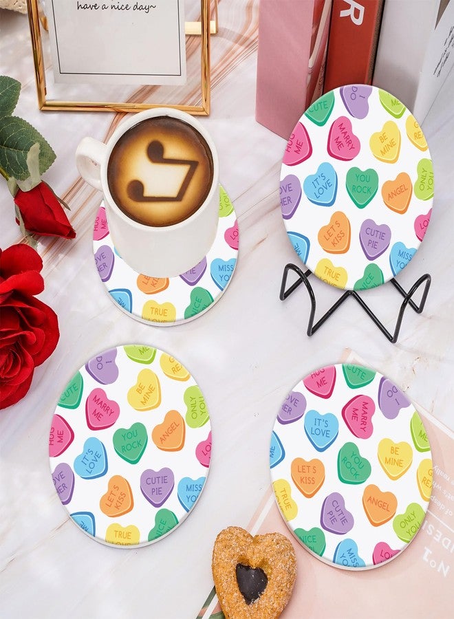 Whaline 4Pcs Valentine's Day Absorbent Ceramic Coasters with Holder Colorful Conversation Heart Cup Mats Round Quick Drying Coaster with Cork Base for Home Kitchen Drink Supplies, 4 in - Image 5