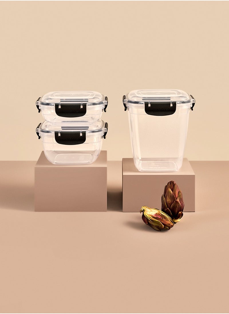 Dunya Plastik Dunia Fresh & Lock Squared 3-Piece Plastic Cans Set for Refrigerator with Airtight Lid - Storage Solution - BPA-Free | Lead-Free (350-600-1025 ML )  - Image 2