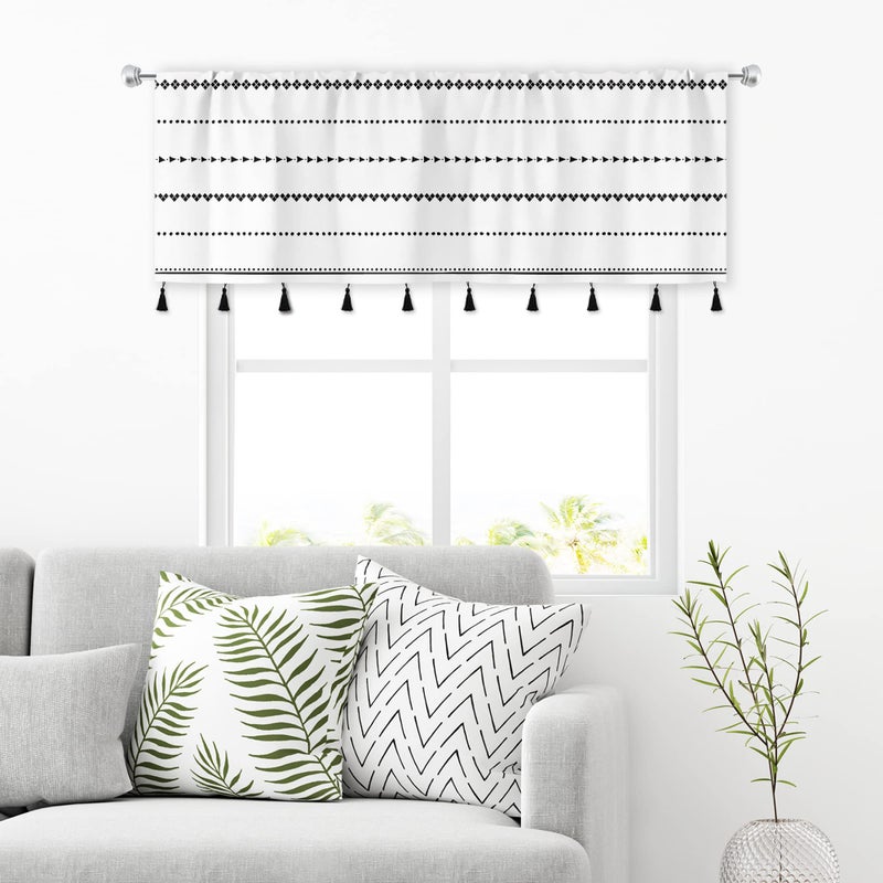 MESHELLY Boho Kitchen Curtains 52W x 18H Inch Rod Pocket Black and White Tribal Striped Tassels Valance Farmhouse Decor Modern Chic Geometric Topper Bedroom Living Room Window Drapes Fabric 1 Panel