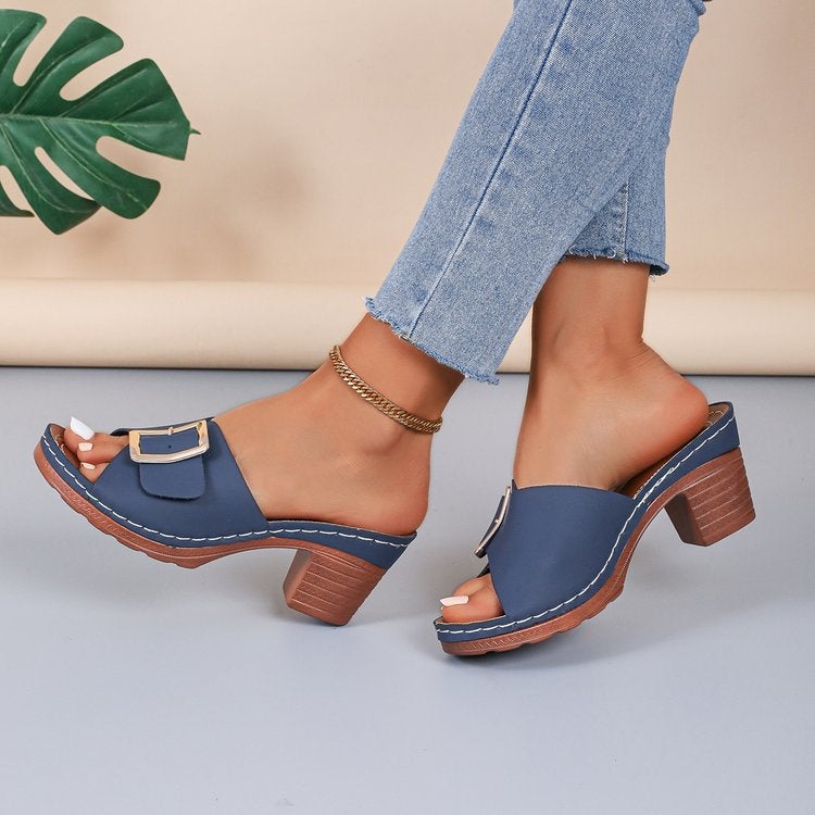 High-Heel Fishmouth Slippers Women'S 2024 Plus Size Thick-Heel Square Buckle One-Line Slippers - Image 1