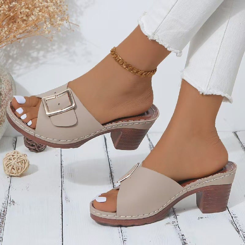 High-Heel Fishmouth Slippers Women'S 2024 Plus Size Thick-Heel Square Buckle One-Line Slippers - Image 3