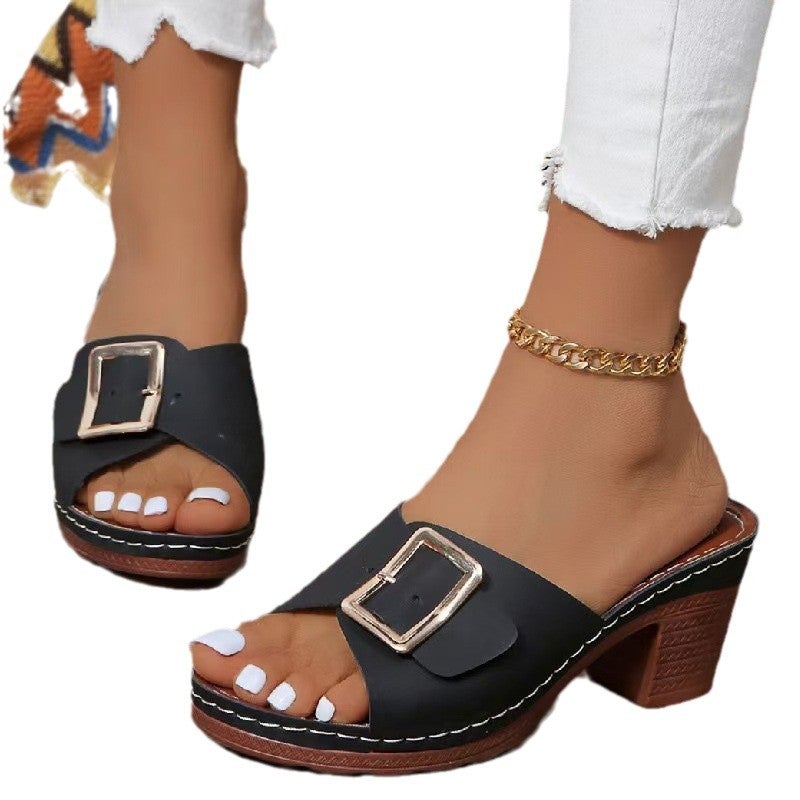 High-Heel Fishmouth Slippers Women'S 2024 Plus Size Thick-Heel Square Buckle One-Line Slippers - Image 5