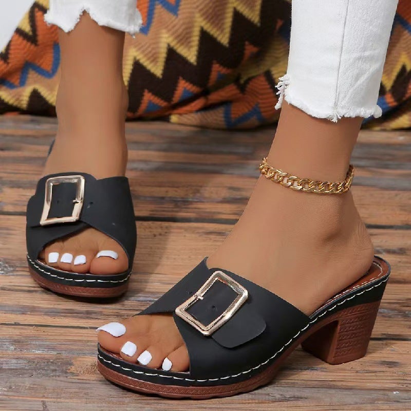 High-Heel Fishmouth Slippers Women'S 2024 Plus Size Thick-Heel Square Buckle One-Line Slippers - Image 4