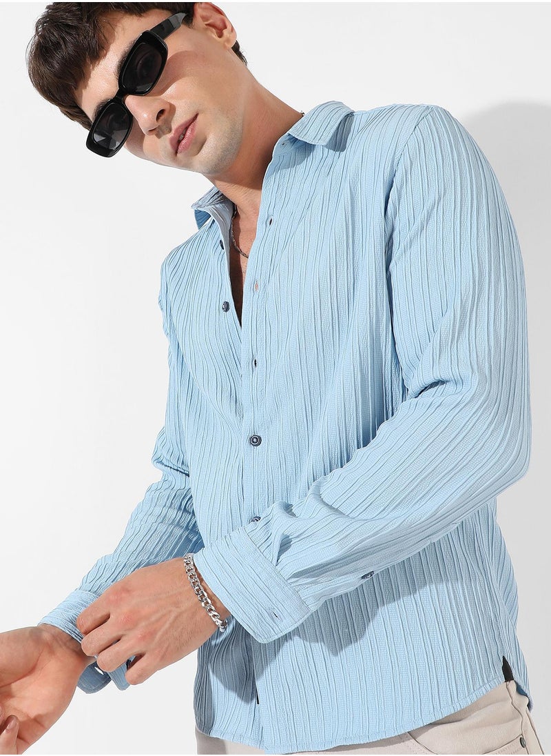 كامبوس سوترا - Men's Light Blue Textured Regular Fit Casual Shirt - Image 1