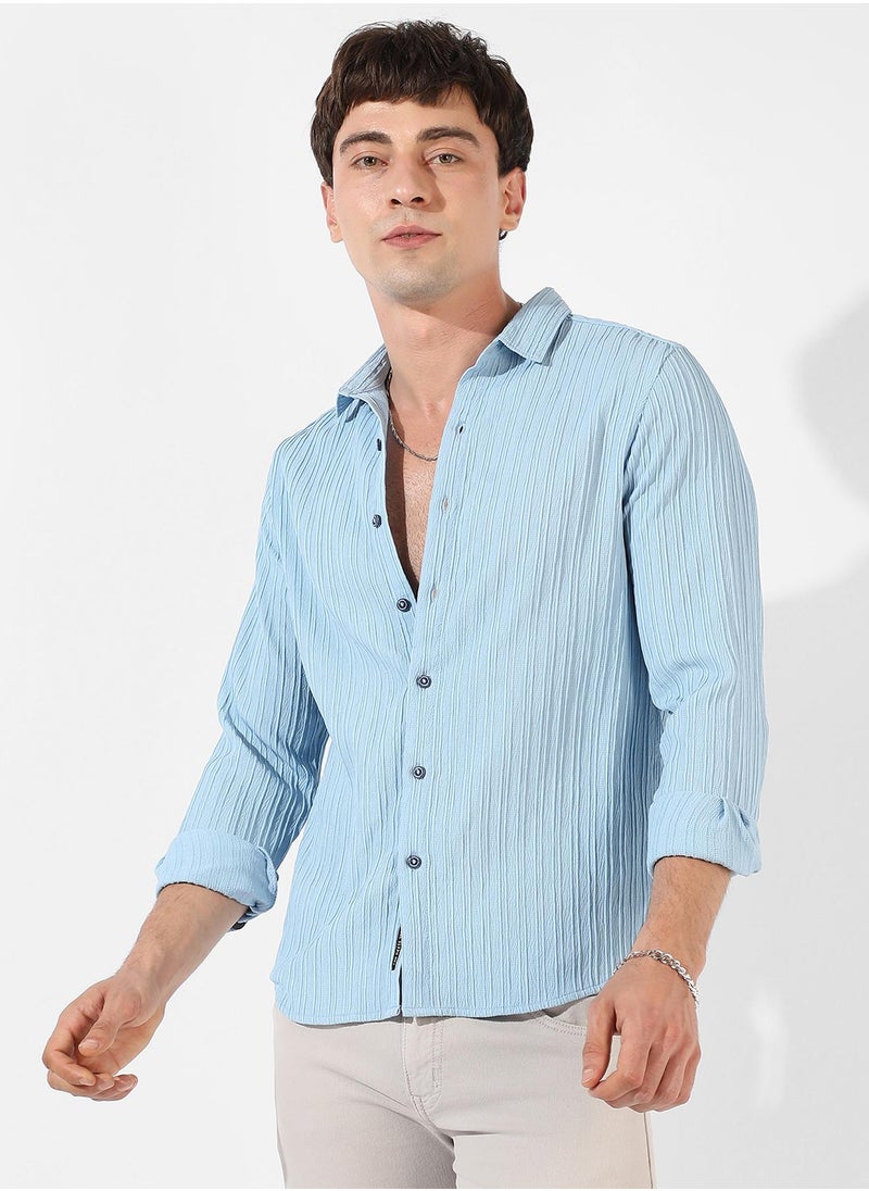 كامبوس سوترا - Men's Light Blue Textured Regular Fit Casual Shirt - Image 1