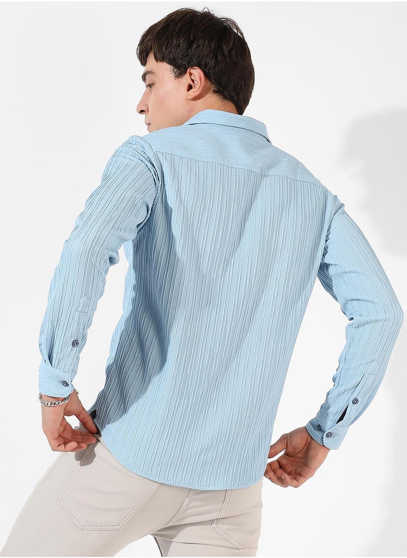كامبوس سوترا - Men's Light Blue Textured Regular Fit Casual Shirt - Image 1