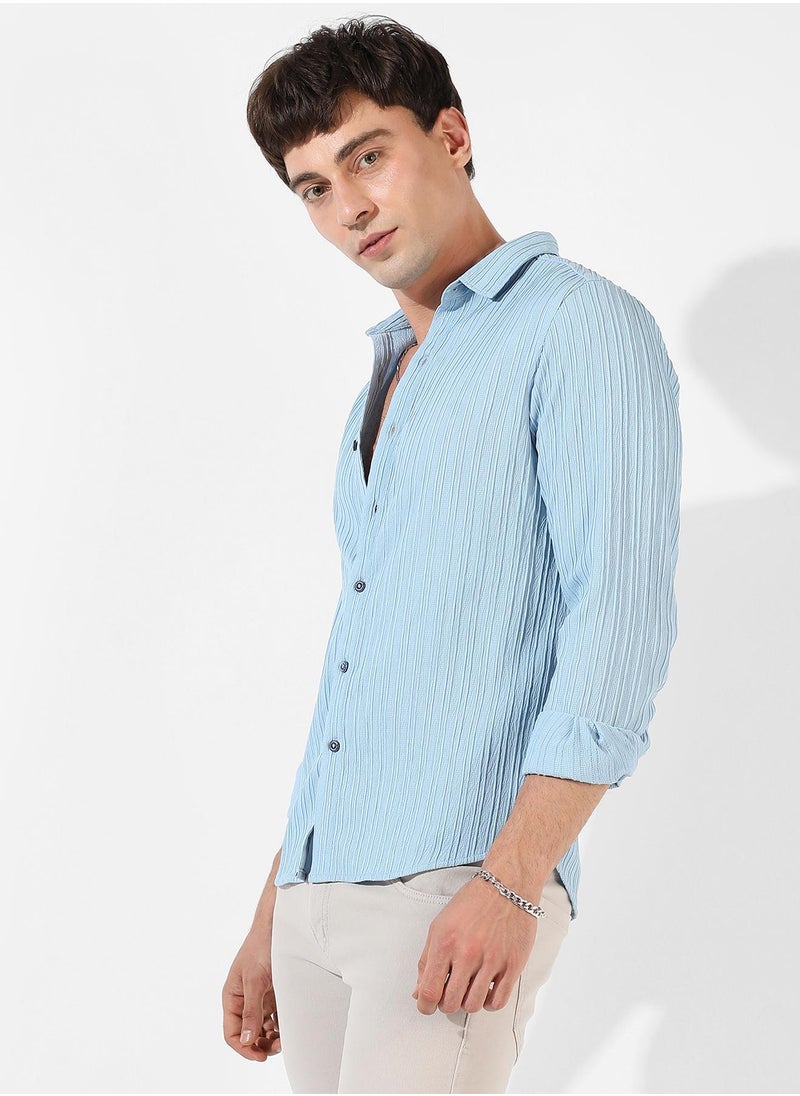 كامبوس سوترا - Men's Light Blue Textured Regular Fit Casual Shirt - Image 1