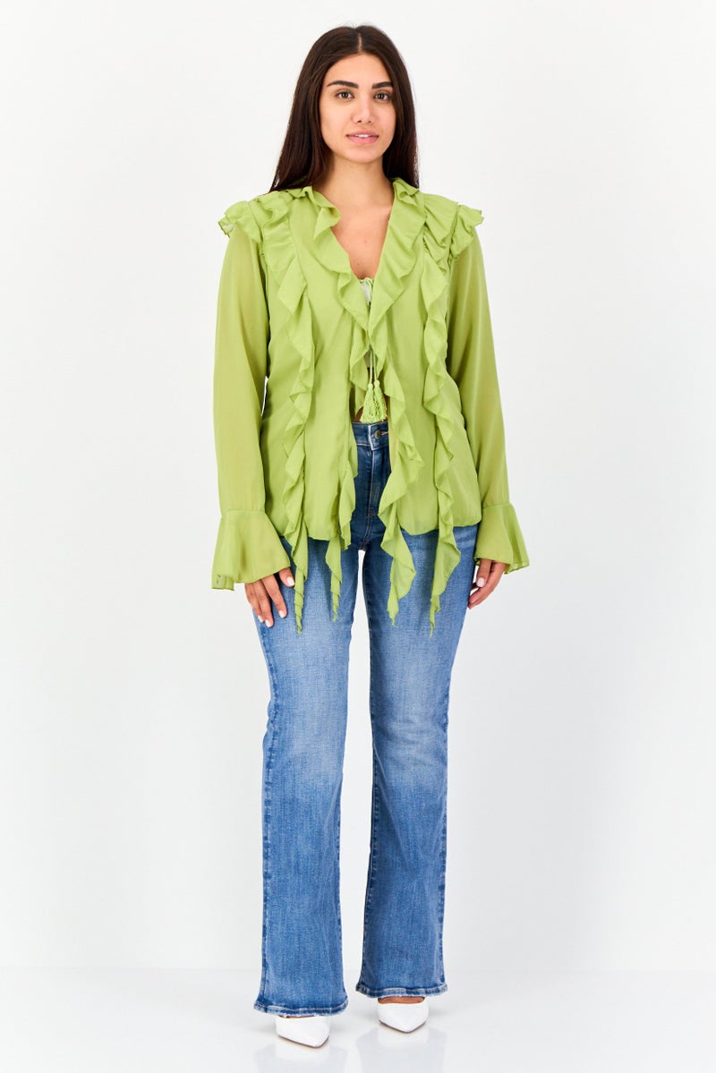 Archive Design Studio Women Tie Neck Long Sleeve Ruffled Blouse, Olive - Image 4