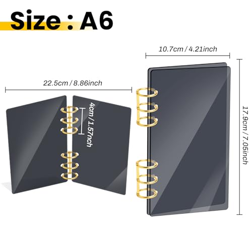 SBYURE A6 Binder Black Acrylic Notebook Cover 6-Hole Binder Notebook Refillable Planner Cover with Gold Metal Round Ring for School Meeting Travel Office - Image 3