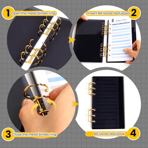 SBYURE A6 Binder Black Acrylic Notebook Cover 6-Hole Binder Notebook Refillable Planner Cover with Gold Metal Round Ring for School Meeting Travel Office - Image 5