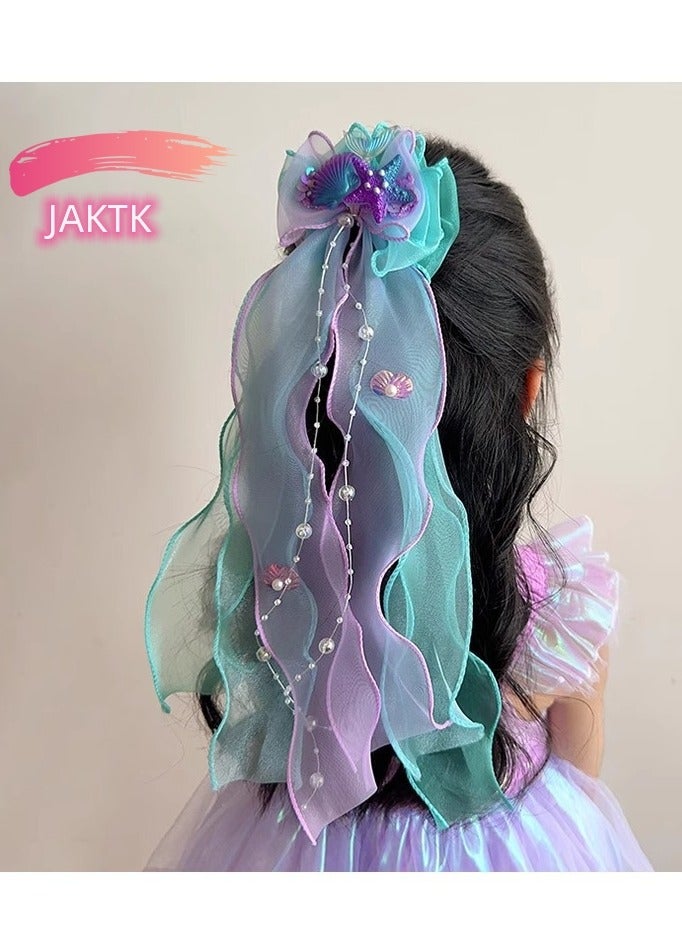 JAKTK Mermaid Princess Children's Bow Hairpin Floating Yarn Clip Little Girl Birthday Performance Hair Accessories  - Image 1