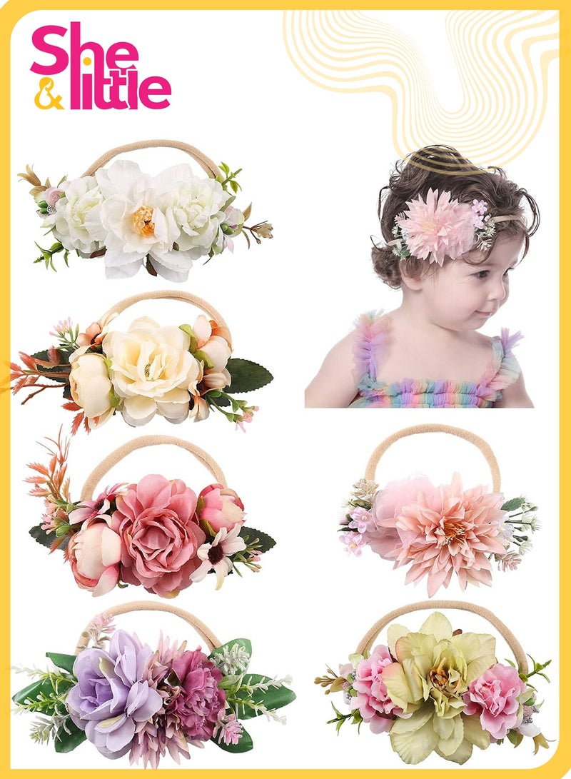 She&Little 6 Pack Floral Baby Nylon Headbands , Super Soft Stretchy Hair Bands for Newborns, Infants, Toddlers, Girls , Rose Daisy Flower Design, Comfortable & Stylish Hair Accessories - Image 1