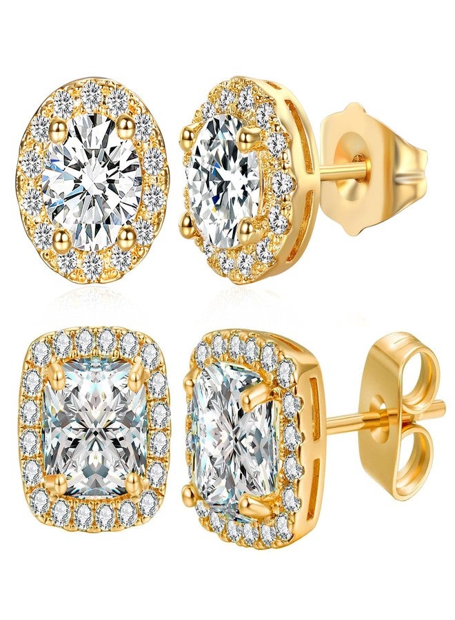 MDFUN Halo Stud Earrings 18K Yellow Gold Plated Round & Square 5A+ Cubic Zirconia Simulated Diamond Hypoallergenic Earrings Set for Women Men (Yellow Gold) - Image 1