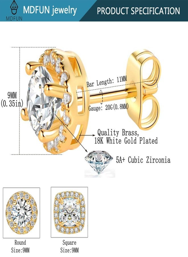 MDFUN Halo Stud Earrings 18K Yellow Gold Plated Round & Square 5A+ Cubic Zirconia Simulated Diamond Hypoallergenic Earrings Set for Women Men (Yellow Gold) - Image 4