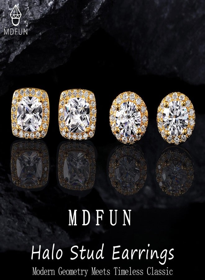 MDFUN Halo Stud Earrings 18K Yellow Gold Plated Round & Square 5A+ Cubic Zirconia Simulated Diamond Hypoallergenic Earrings Set for Women Men (Yellow Gold) - Image 5