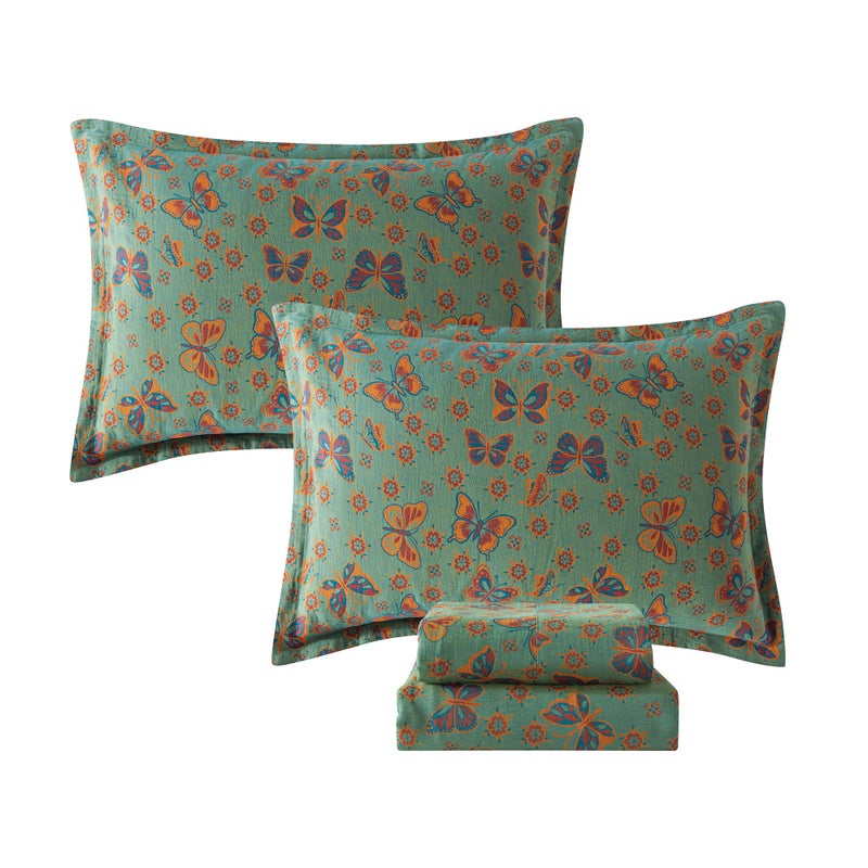 FADFAY Butterfly Sheets Set King Vintage Green Red Floral Bedding Shabby Farmhouse Bedding Super Soft Washed Double -Layer Muslin Sheets 100% Cotton Deep Pocket Fitted Sheet 4Pcs, King Size - Image 1
