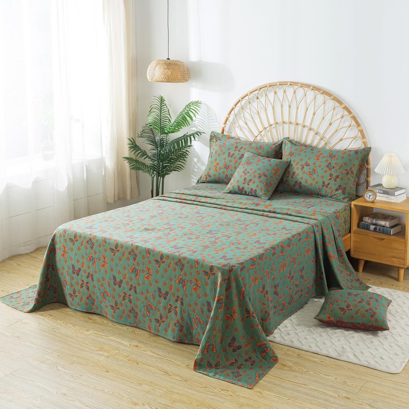 FADFAY Butterfly Sheets Set King Vintage Green Red Floral Bedding Shabby Farmhouse Bedding Super Soft Washed Double -Layer Muslin Sheets 100% Cotton Deep Pocket Fitted Sheet 4Pcs, King Size - Image 2