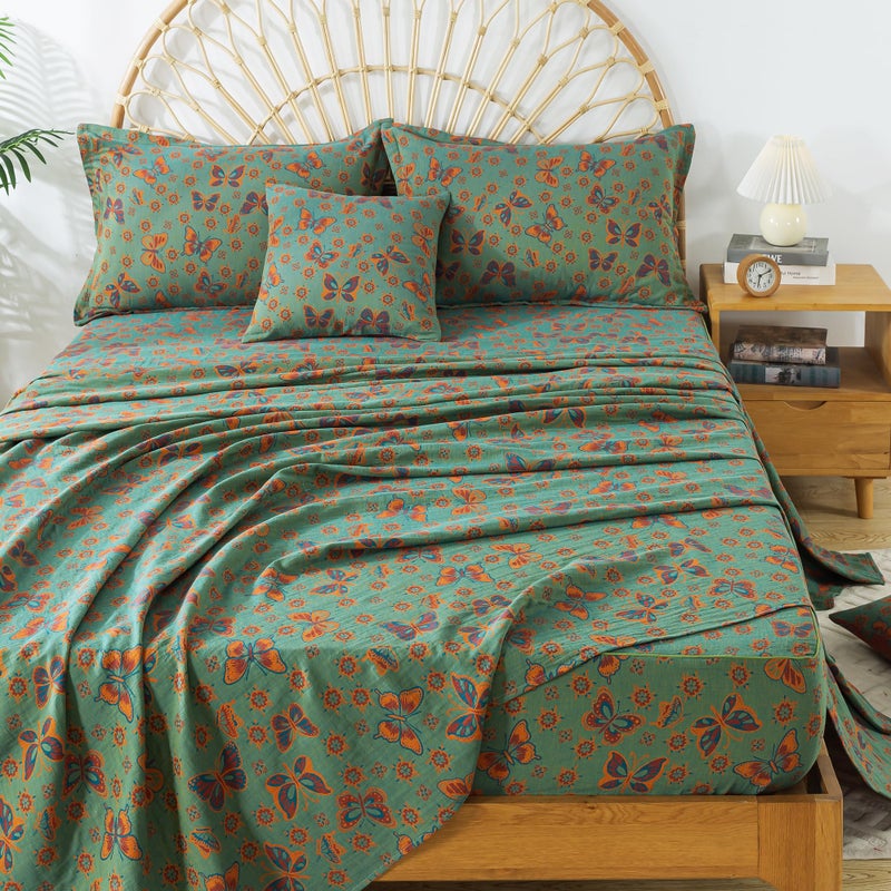 FADFAY Butterfly Sheets Set King Vintage Green Red Floral Bedding Shabby Farmhouse Bedding Super Soft Washed Double -Layer Muslin Sheets 100% Cotton Deep Pocket Fitted Sheet 4Pcs, King Size - Image 3