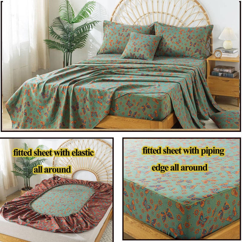 FADFAY Butterfly Sheets Set King Vintage Green Red Floral Bedding Shabby Farmhouse Bedding Super Soft Washed Double -Layer Muslin Sheets 100% Cotton Deep Pocket Fitted Sheet 4Pcs, King Size - Image 5